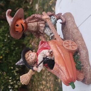 Fall, Halloween, Whimsical Primitive scarecrow pumpkin w child Dress as Witch